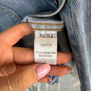 Pistola Women's Blue Denim Frayed Long Sleeve Cropped Jacket Sz L 100% Cotton